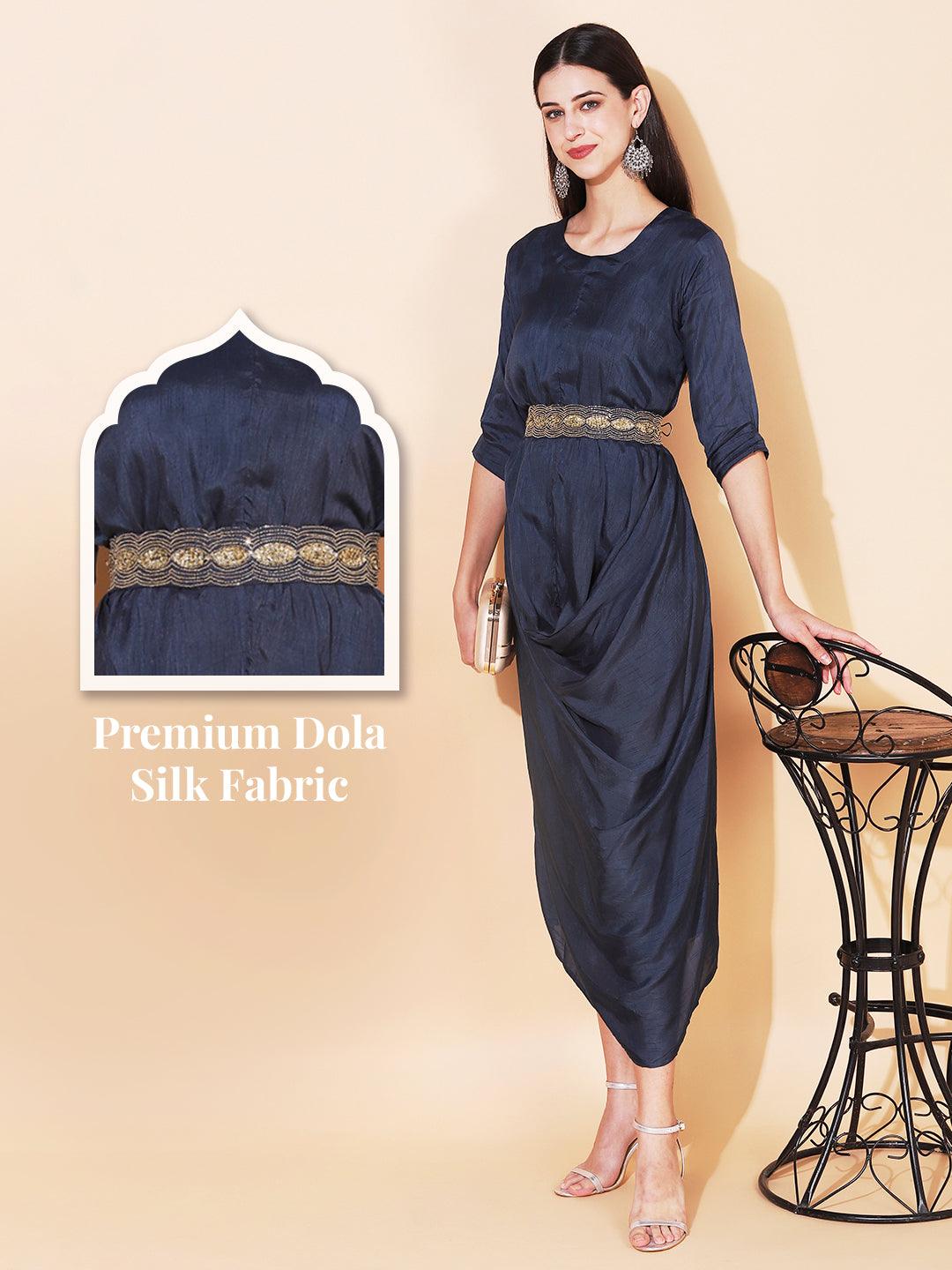 Solid Cowl Midi Dress with Hand Embroidered Belt - Navy Blue - Indiakreations