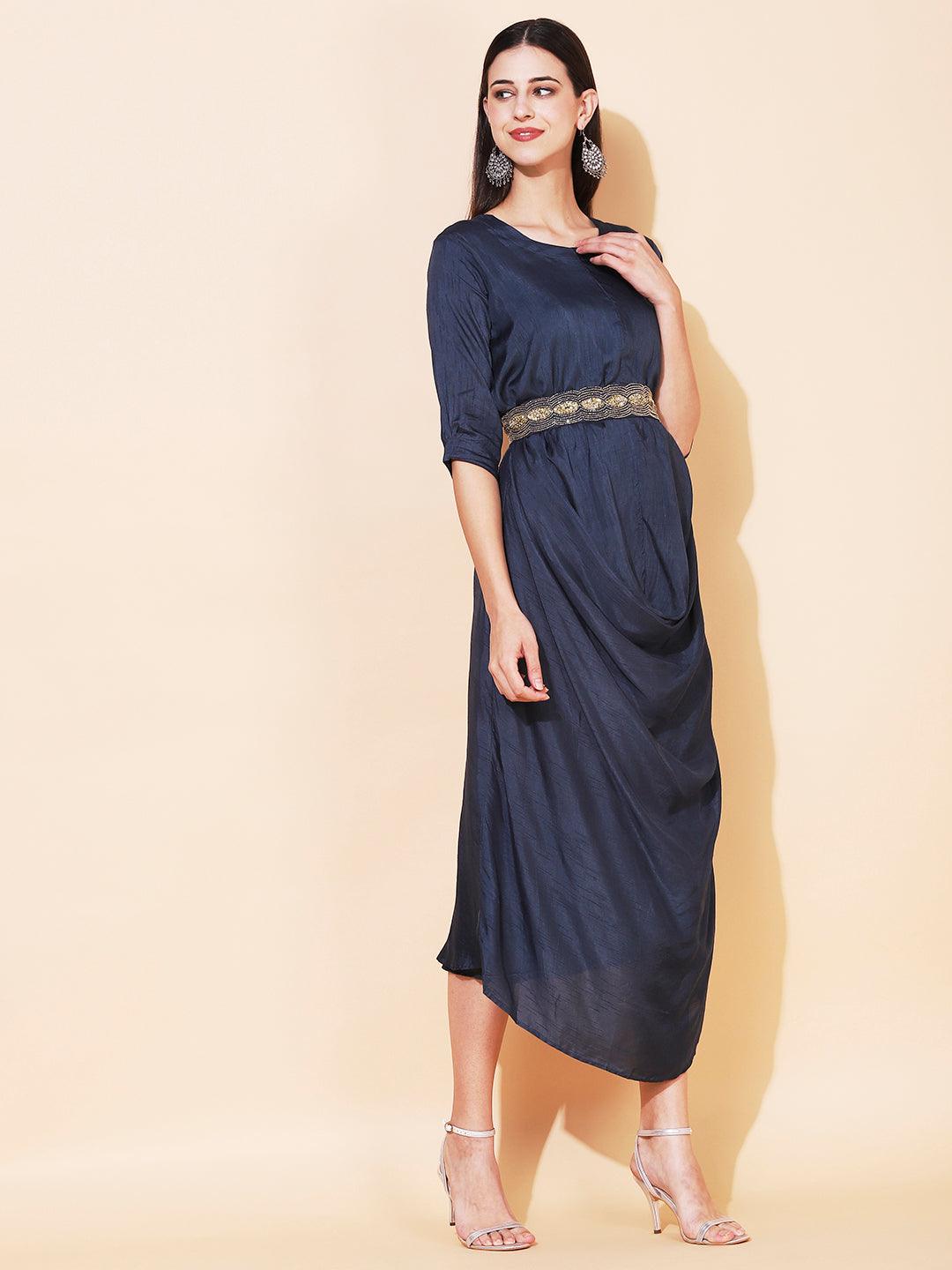 Solid Cowl Midi Dress with Hand Embroidered Belt - Navy Blue - Indiakreations