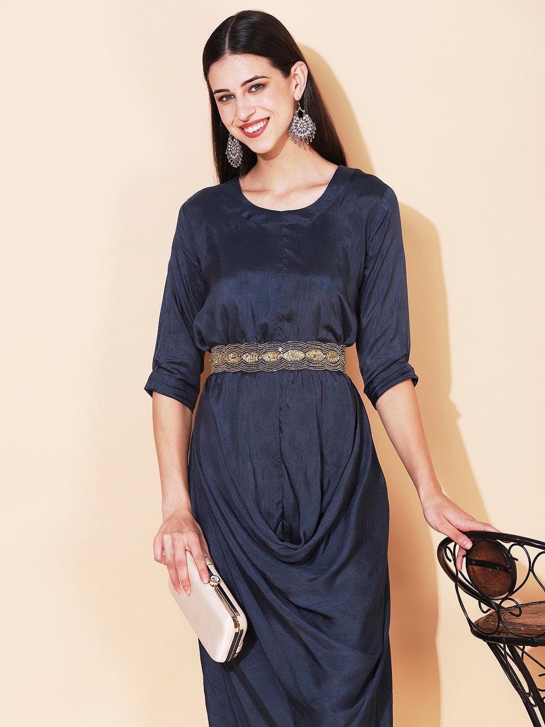 Solid Cowl Midi Dress with Hand Embroidered Belt - Navy Blue - Indiakreations