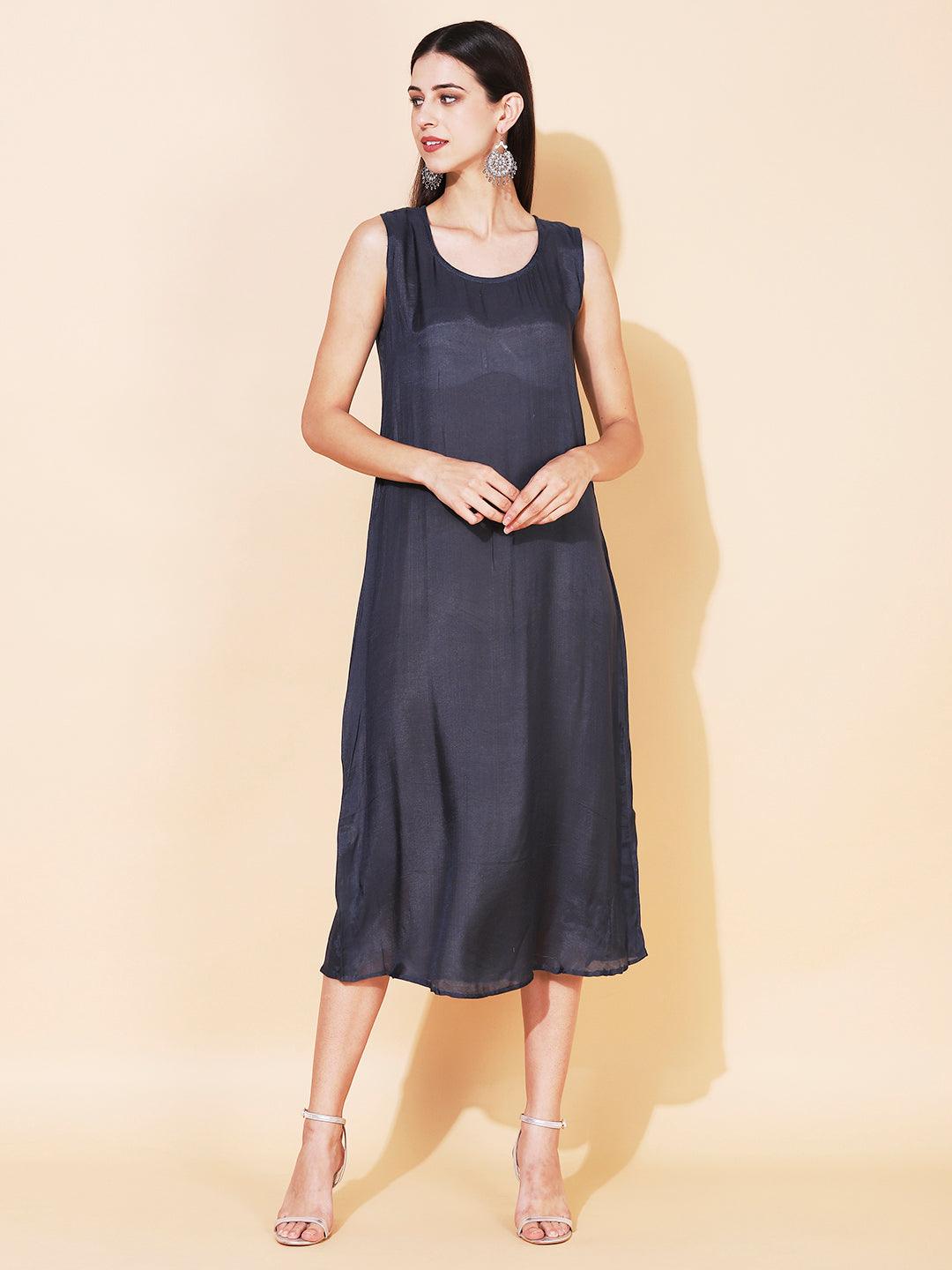 Solid Cowl Midi Dress with Hand Embroidered Belt - Navy Blue - Indiakreations