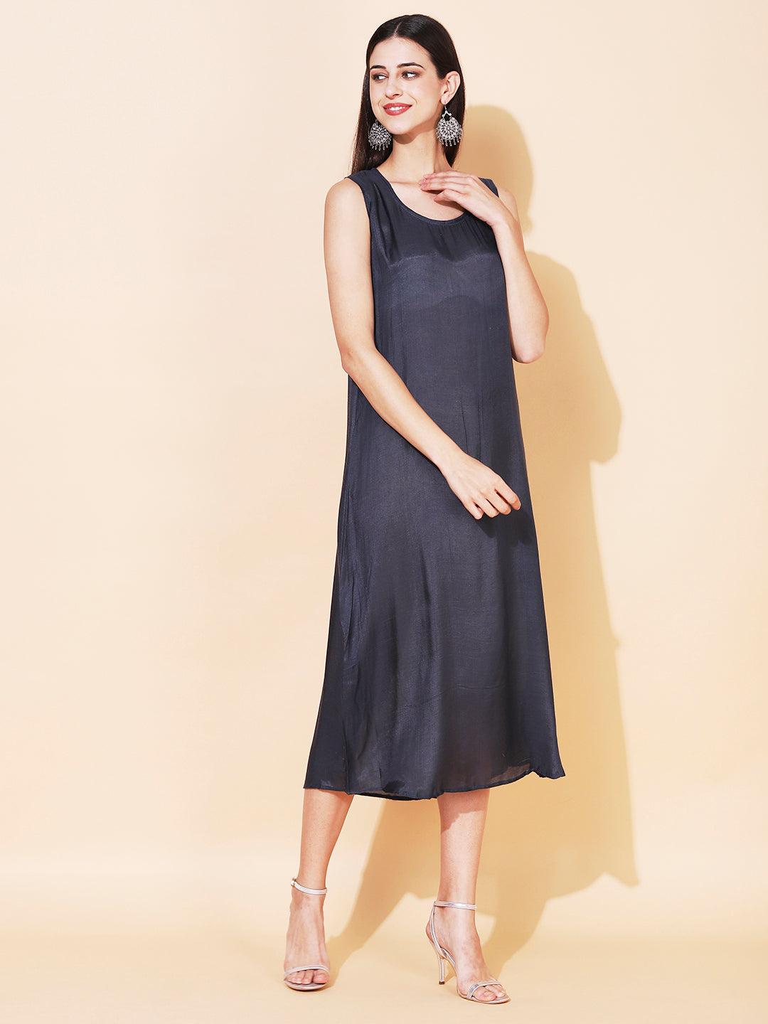 Solid Cowl Midi Dress with Hand Embroidered Belt - Navy Blue - Indiakreations