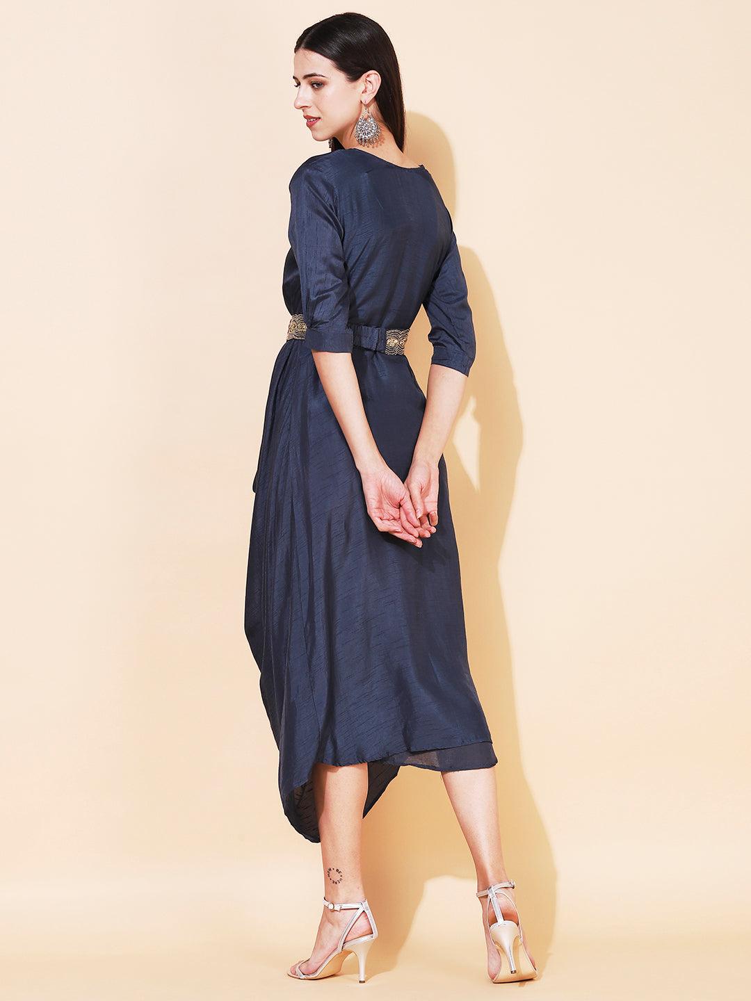 Solid Cowl Midi Dress with Hand Embroidered Belt - Navy Blue - Indiakreations