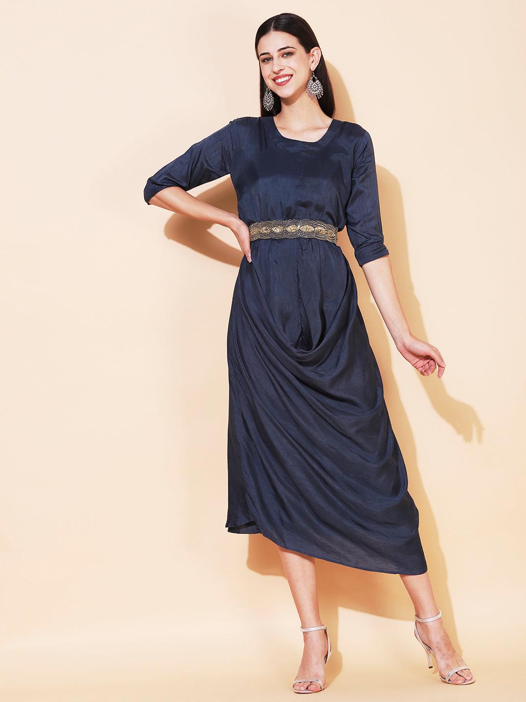 Solid Cowl Midi Dress with Hand Embroidered Belt - Navy Blue - Indiakreations