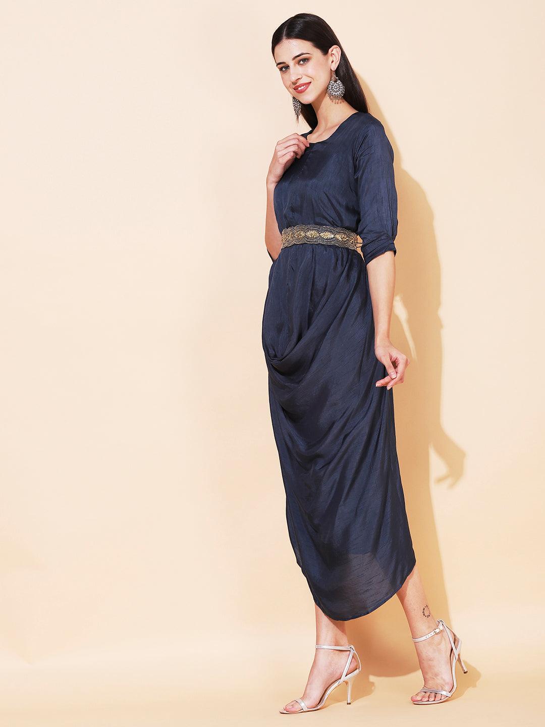 Solid Cowl Midi Dress with Hand Embroidered Belt - Navy Blue - Indiakreations