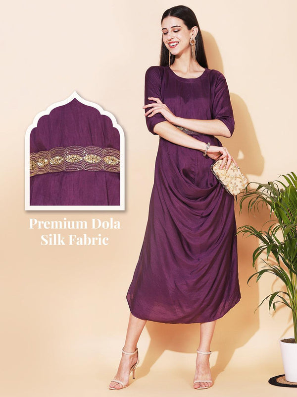 Solid Cowl Midi Dress with Hand Embroidered Belt - Purple - Indiakreations