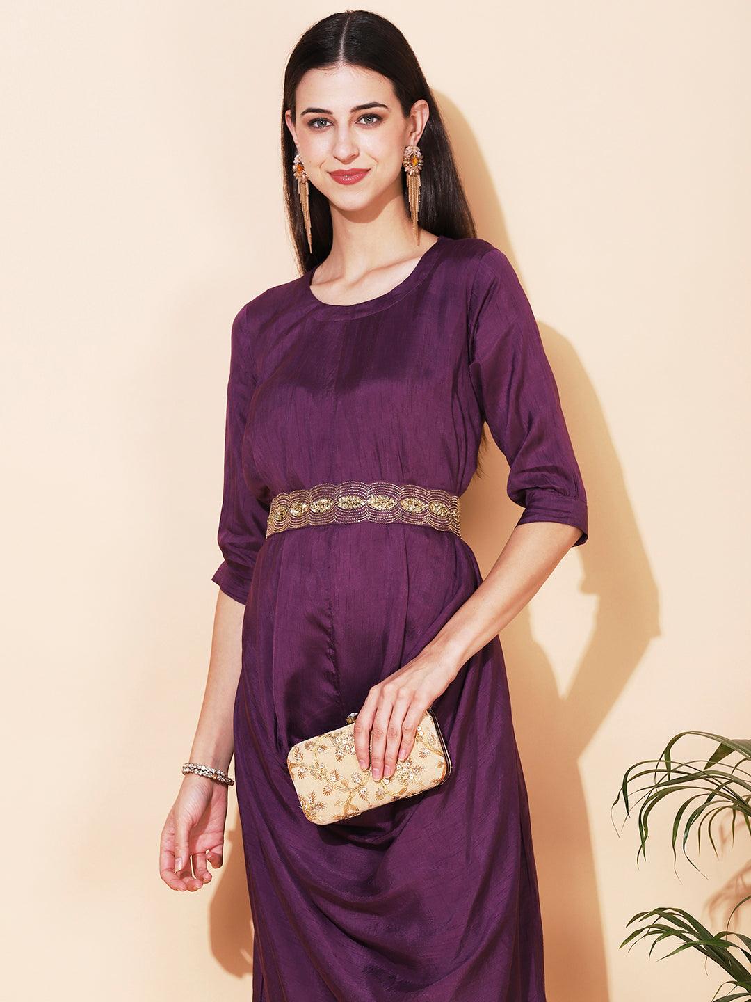 Solid Cowl Midi Dress with Hand Embroidered Belt - Purple - Indiakreations