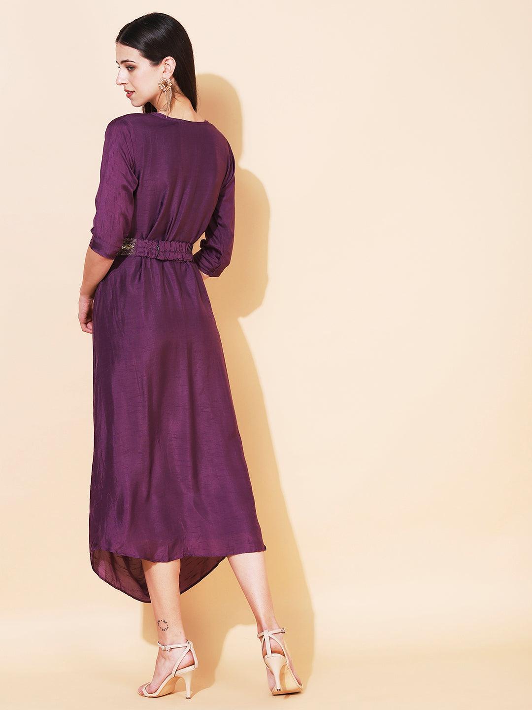 Solid Cowl Midi Dress with Hand Embroidered Belt - Purple - Indiakreations