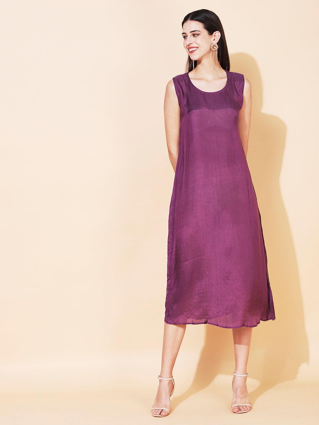 Solid Cowl Midi Dress with Hand Embroidered Belt - Purple - Indiakreations