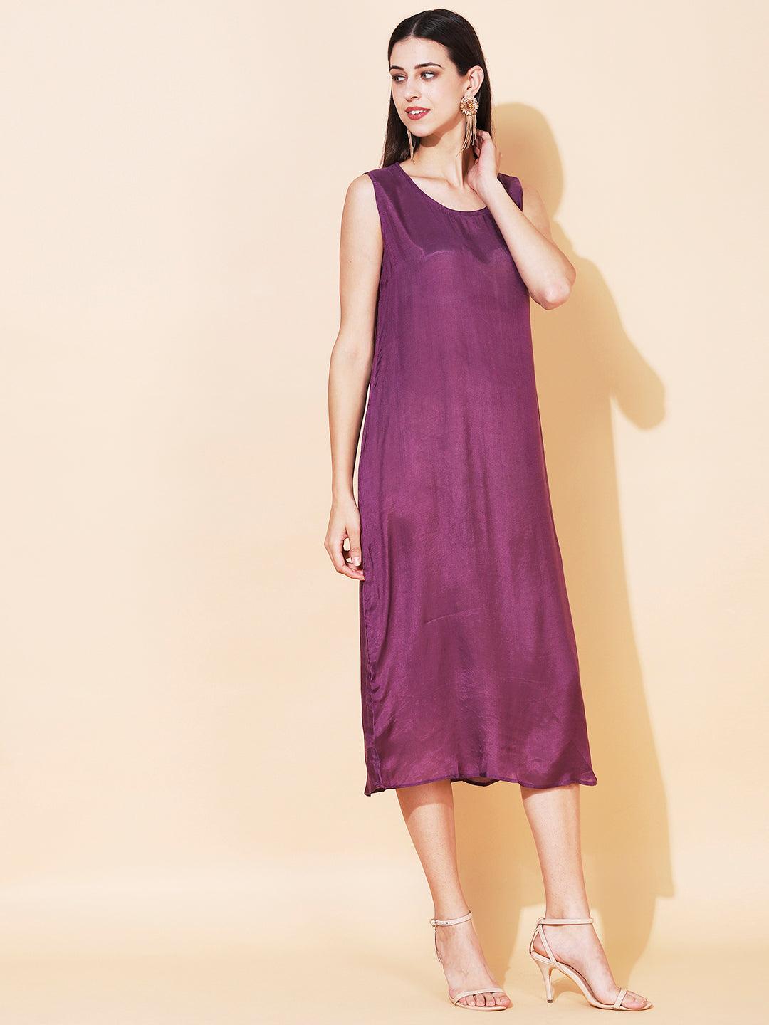 Solid Cowl Midi Dress with Hand Embroidered Belt - Purple - Indiakreations