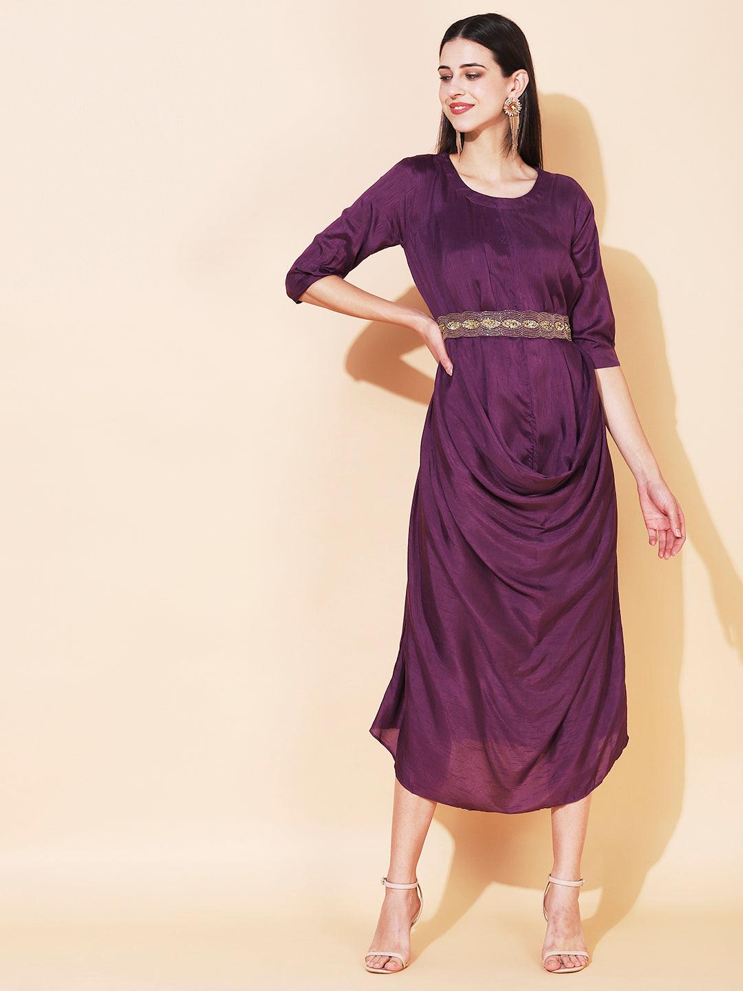 Solid Cowl Midi Dress with Hand Embroidered Belt - Purple - Indiakreations