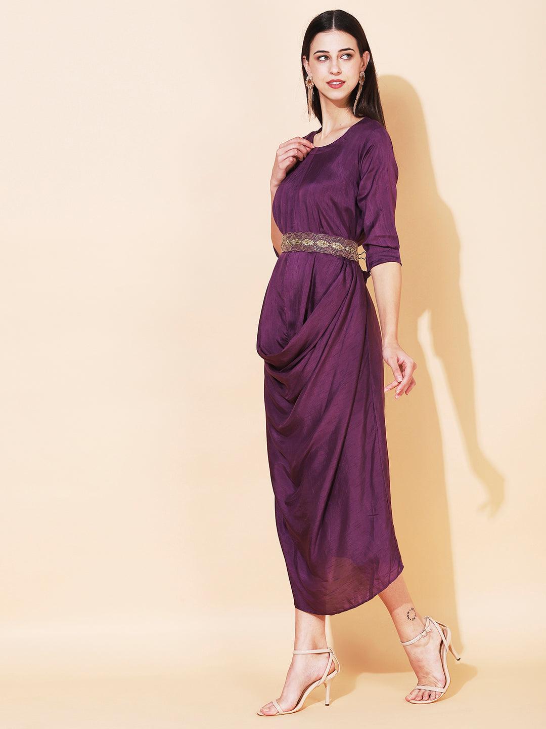 Solid Cowl Midi Dress with Hand Embroidered Belt - Purple - Indiakreations