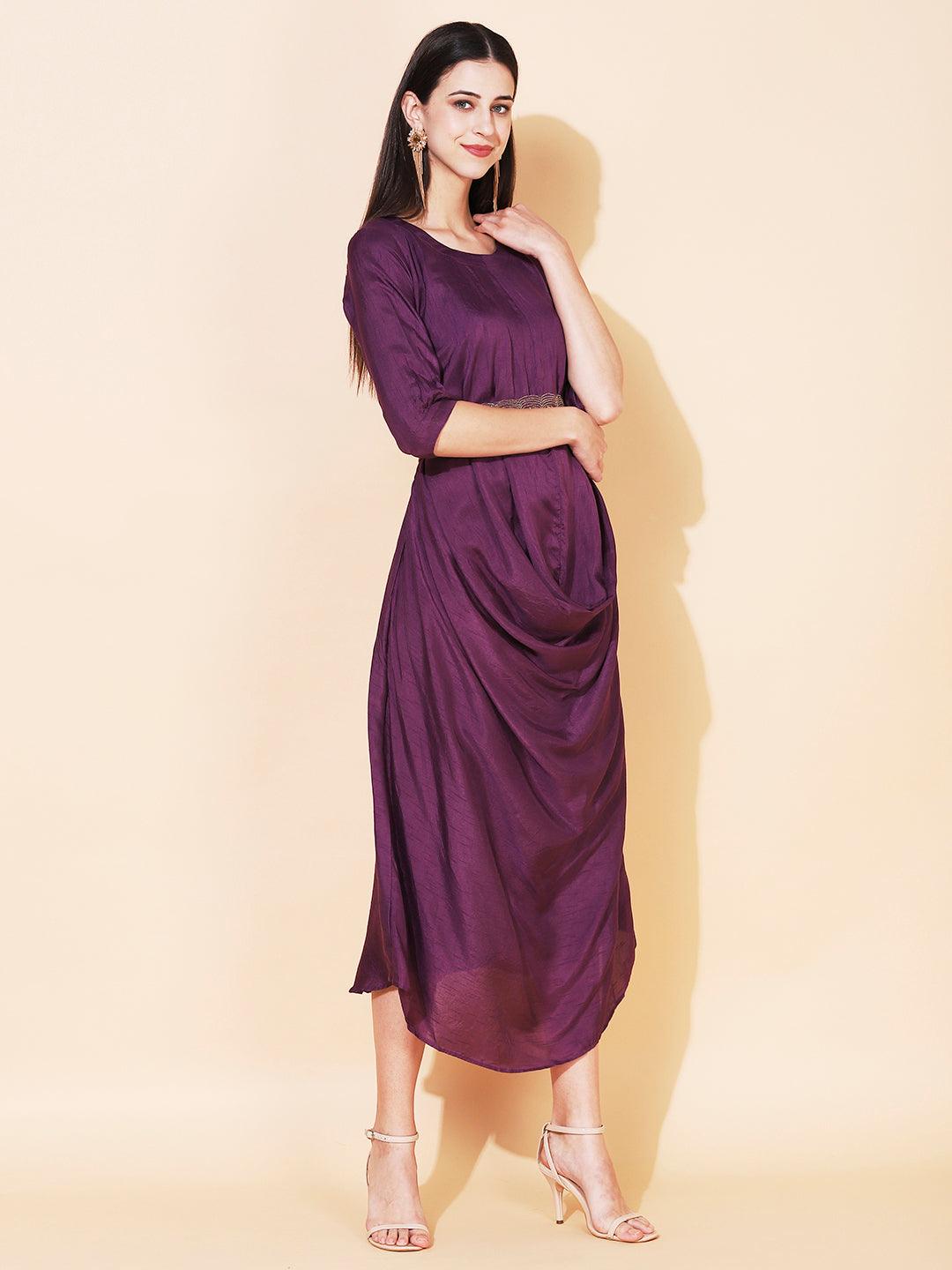 Solid Cowl Midi Dress with Hand Embroidered Belt - Purple - Indiakreations