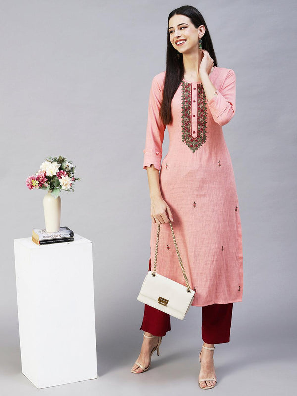 Ethnic Hand Embroidered Straight Fit Kurta - Pink - Indiakreations