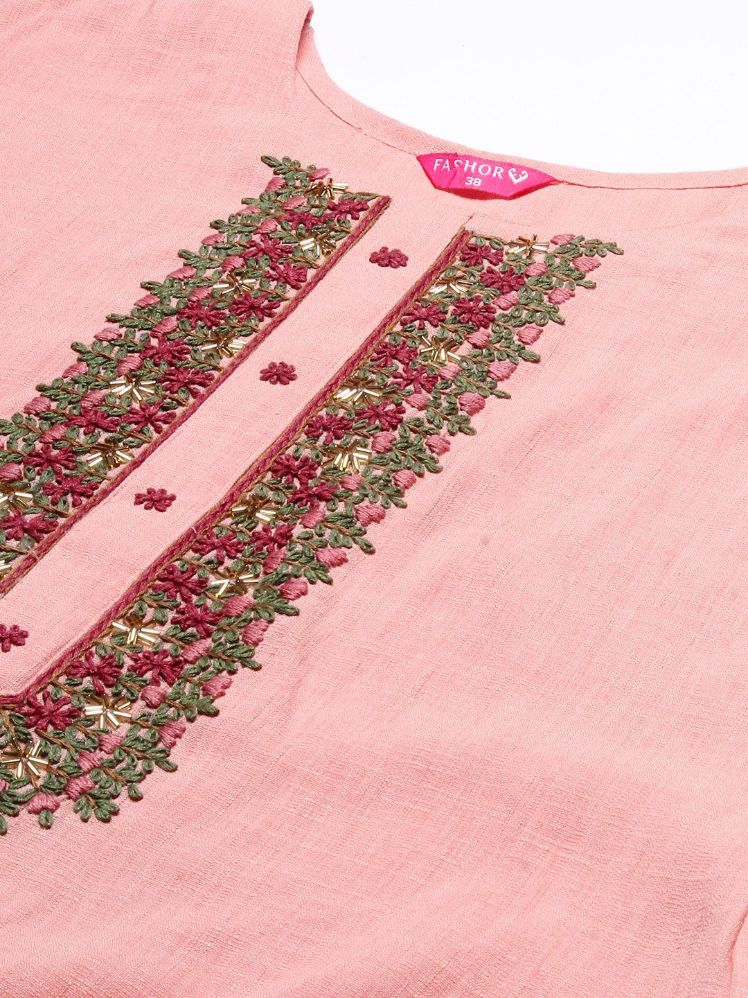 Ethnic Hand Embroidered Straight Fit Kurta - Pink - Indiakreations