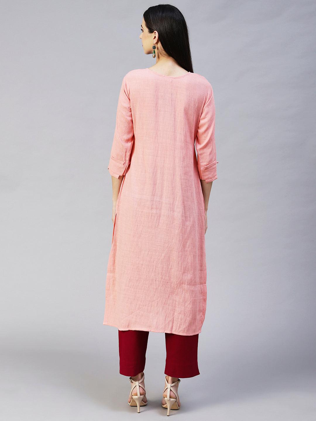 Ethnic Hand Embroidered Straight Fit Kurta - Pink - Indiakreations