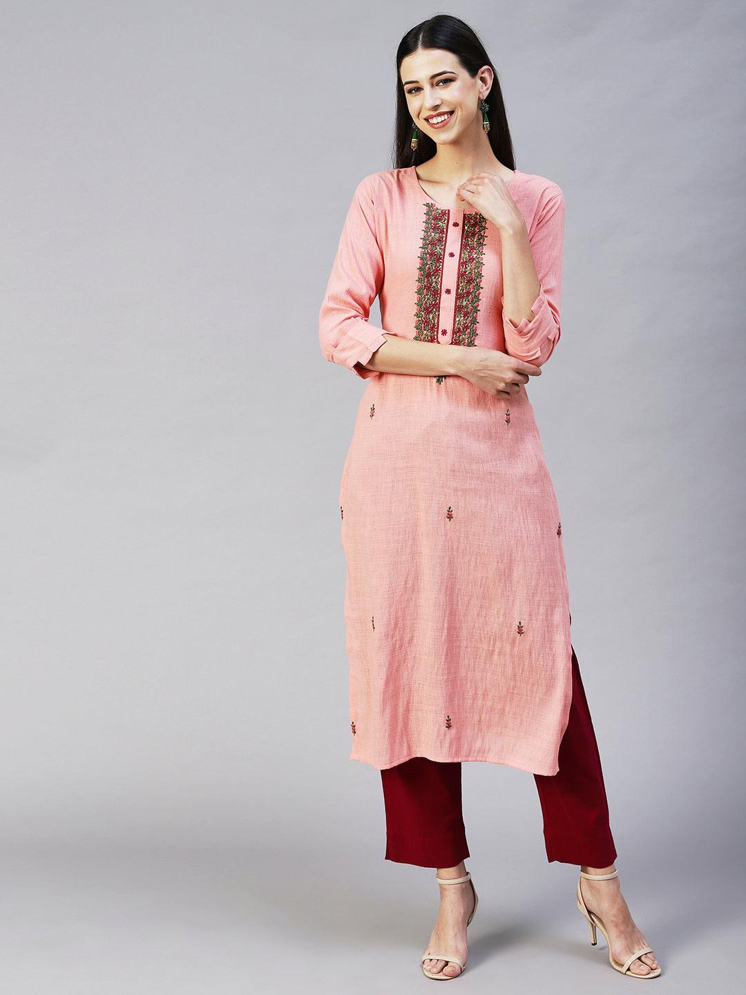 Ethnic Hand Embroidered Straight Fit Kurta - Pink - Indiakreations