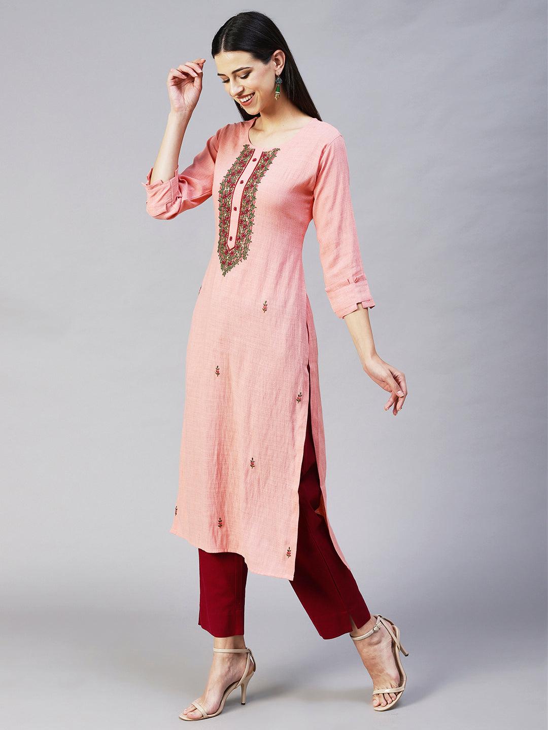 Ethnic Hand Embroidered Straight Fit Kurta - Pink - Indiakreations