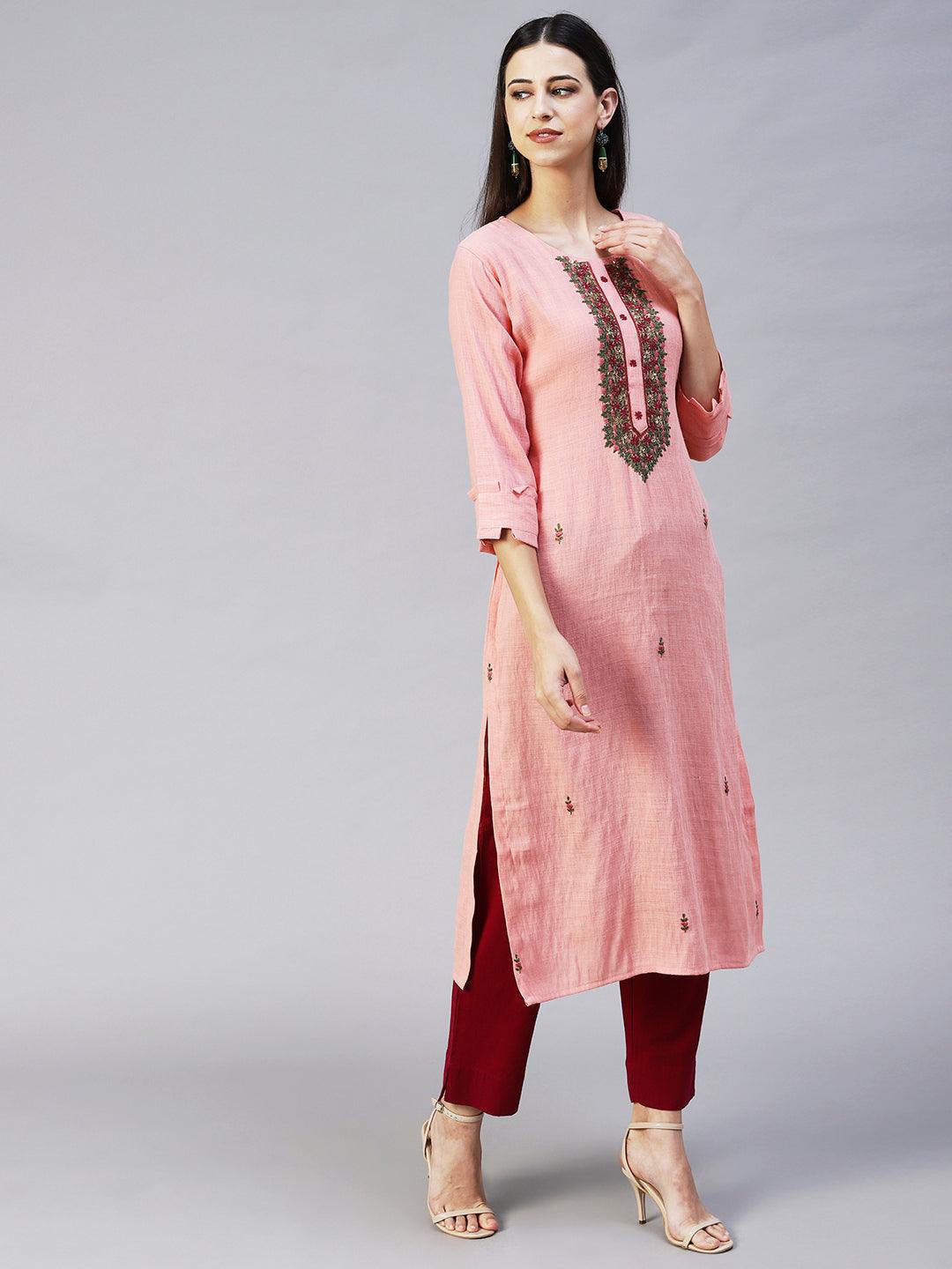 Ethnic Hand Embroidered Straight Fit Kurta - Pink - Indiakreations