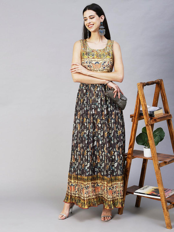 Ethnic Printed & Sequin Embroidered Maxi Flared Dress & Belt - Charcoal Gray - Indiakreations