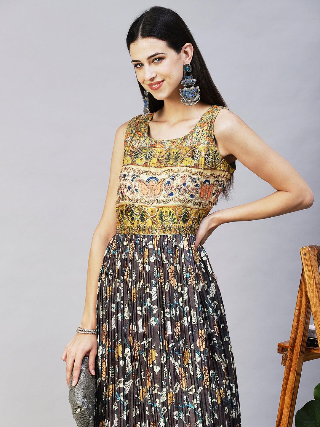 Ethnic Printed & Sequin Embroidered Maxi Flared Dress & Belt - Charcoal Gray - Indiakreations