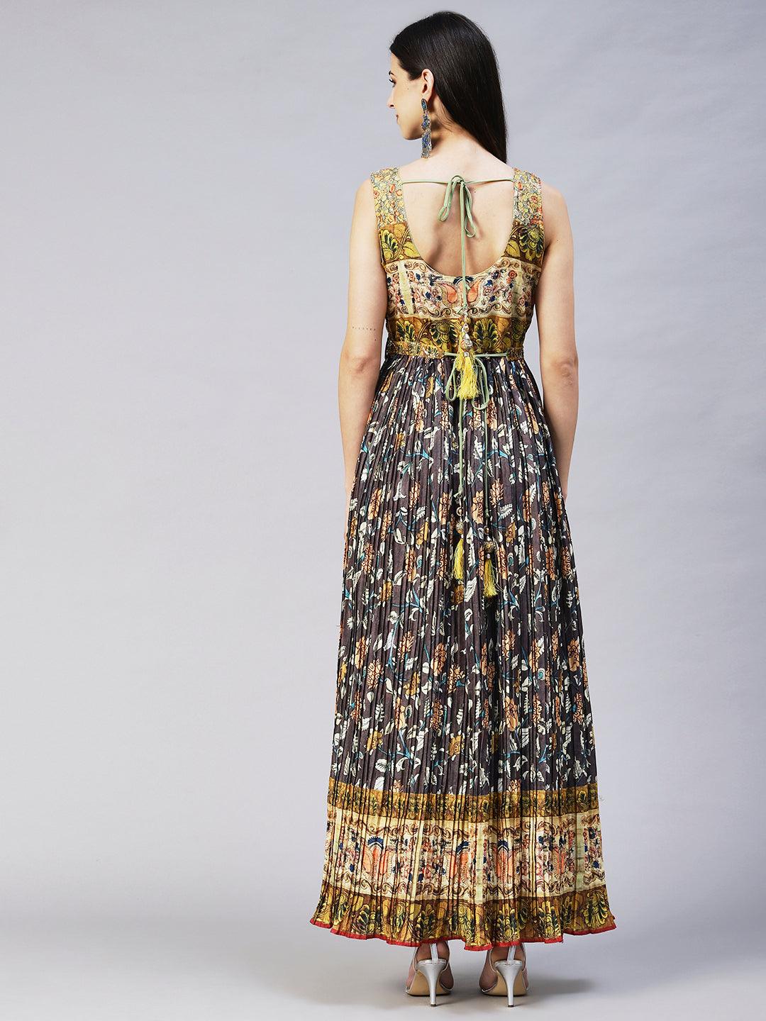 Ethnic Printed & Sequin Embroidered Maxi Flared Dress & Belt - Charcoal Gray - Indiakreations