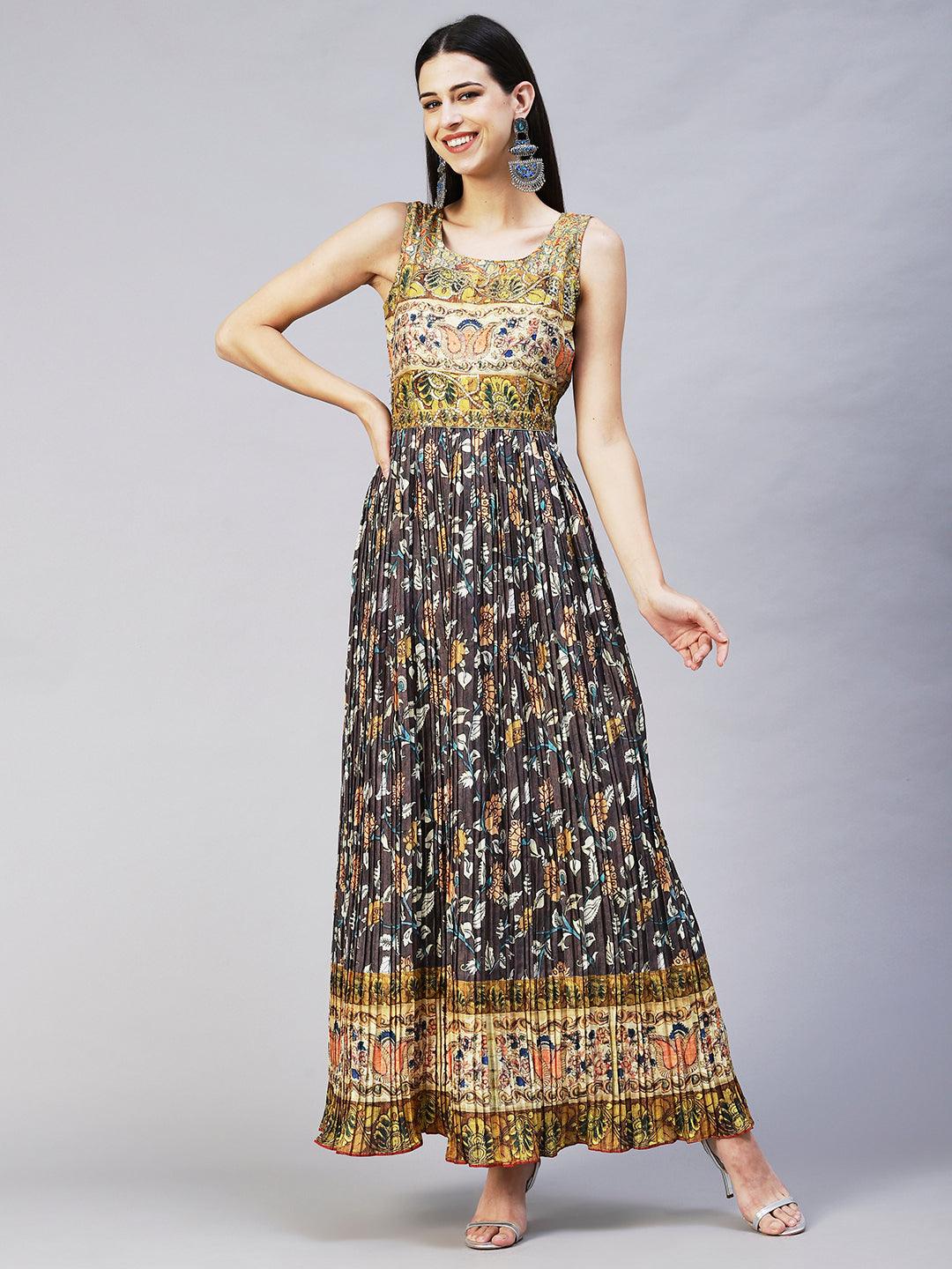 Ethnic Printed & Sequin Embroidered Maxi Flared Dress & Belt - Charcoal Gray - Indiakreations