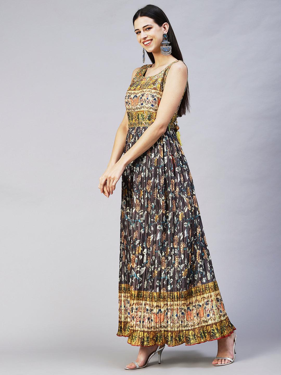 Ethnic Printed & Sequin Embroidered Maxi Flared Dress & Belt - Charcoal Gray - Indiakreations