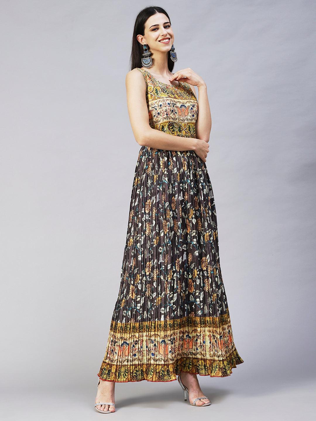 Ethnic Printed & Sequin Embroidered Maxi Flared Dress & Belt - Charcoal Gray - Indiakreations