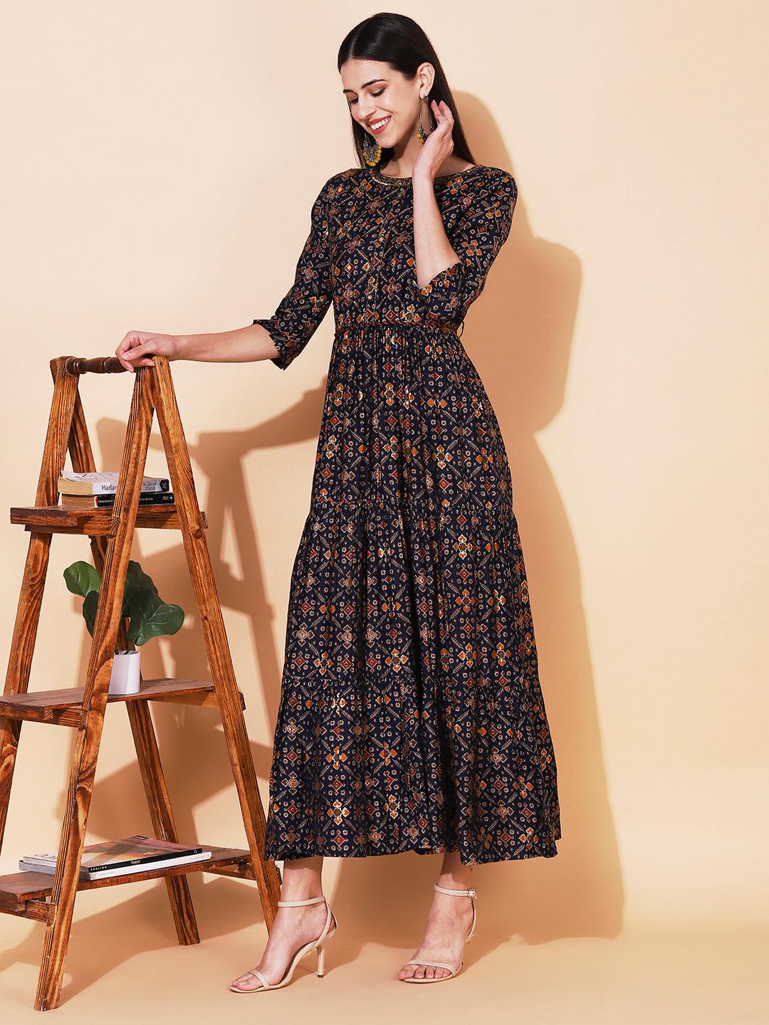 Ethnic Printed & Embroidered Tiered Flared Maxi Dress - Navy Blue - Indiakreations