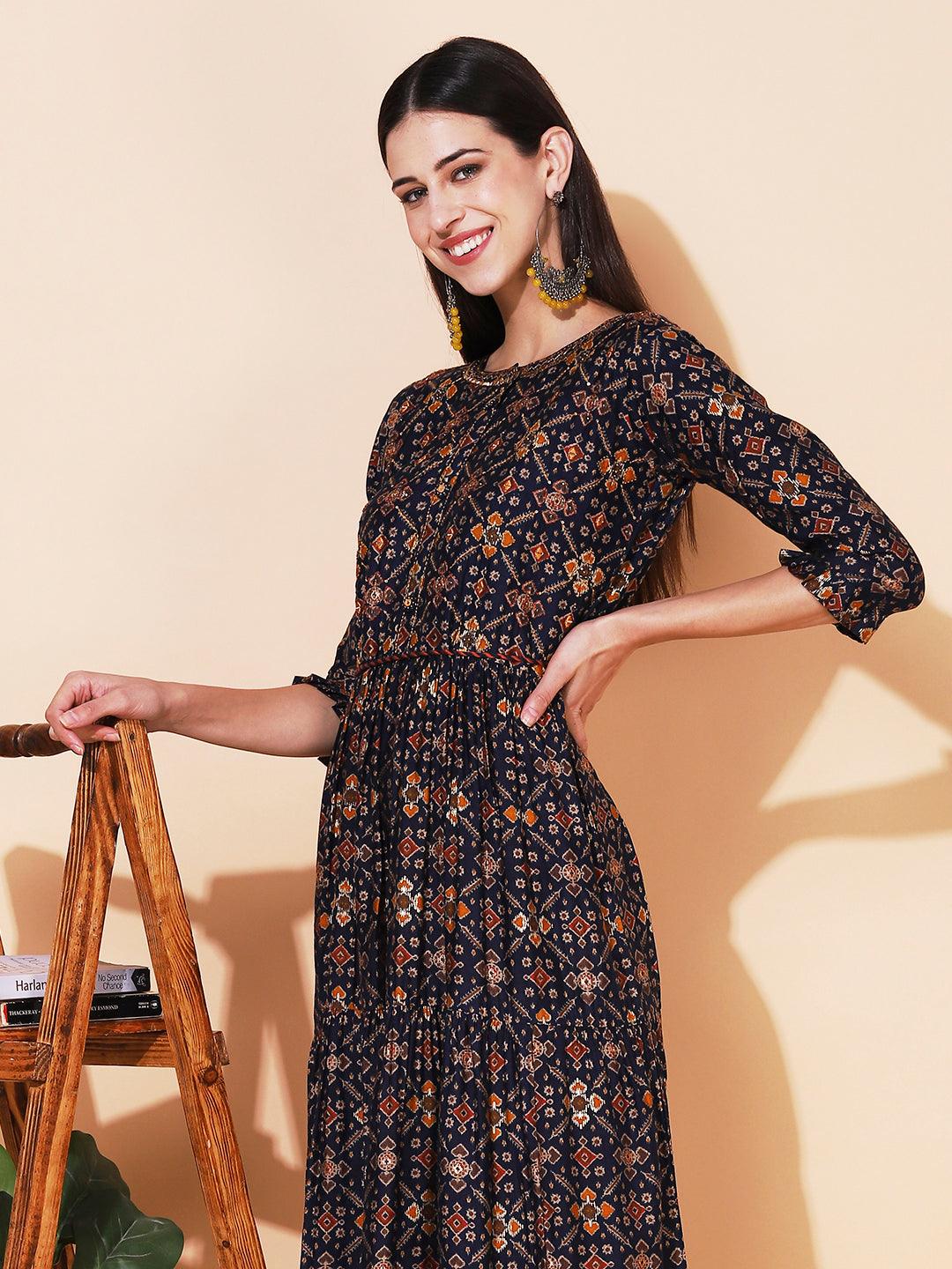 Ethnic Printed & Embroidered Tiered Flared Maxi Dress - Navy Blue - Indiakreations