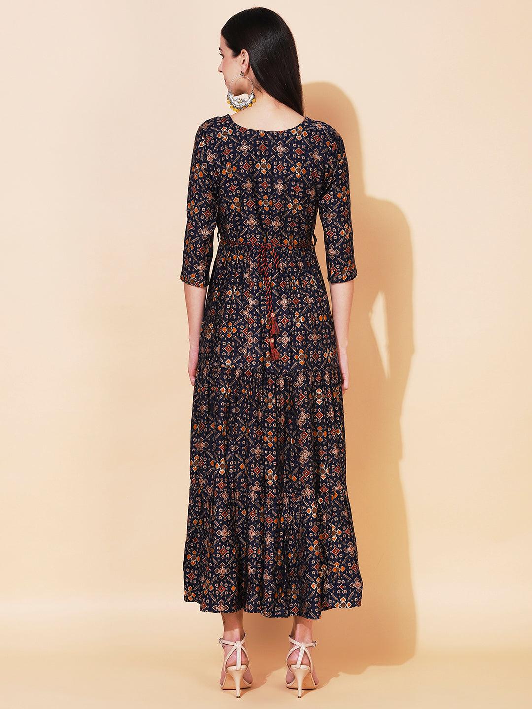 Ethnic Printed & Embroidered Tiered Flared Maxi Dress - Navy Blue - Indiakreations