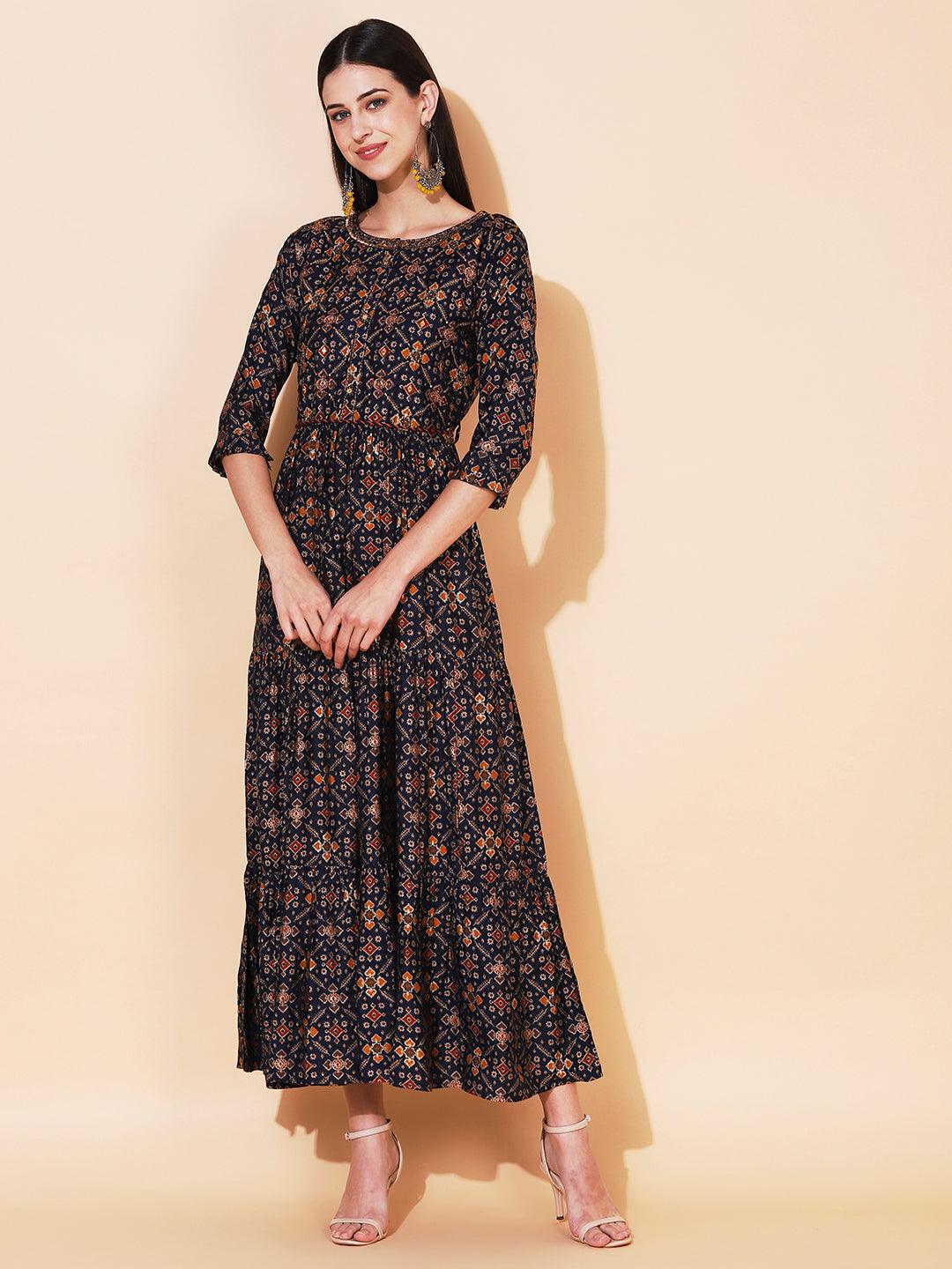 Ethnic Printed & Embroidered Tiered Flared Maxi Dress - Navy Blue - Indiakreations