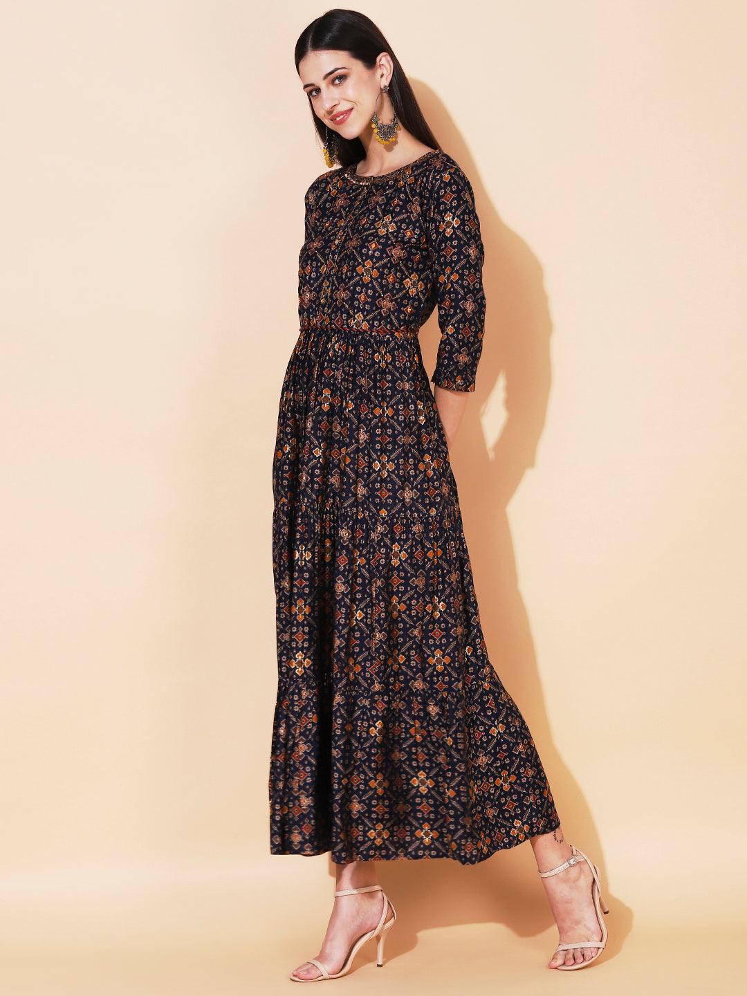 Ethnic Printed & Embroidered Tiered Flared Maxi Dress - Navy Blue - Indiakreations