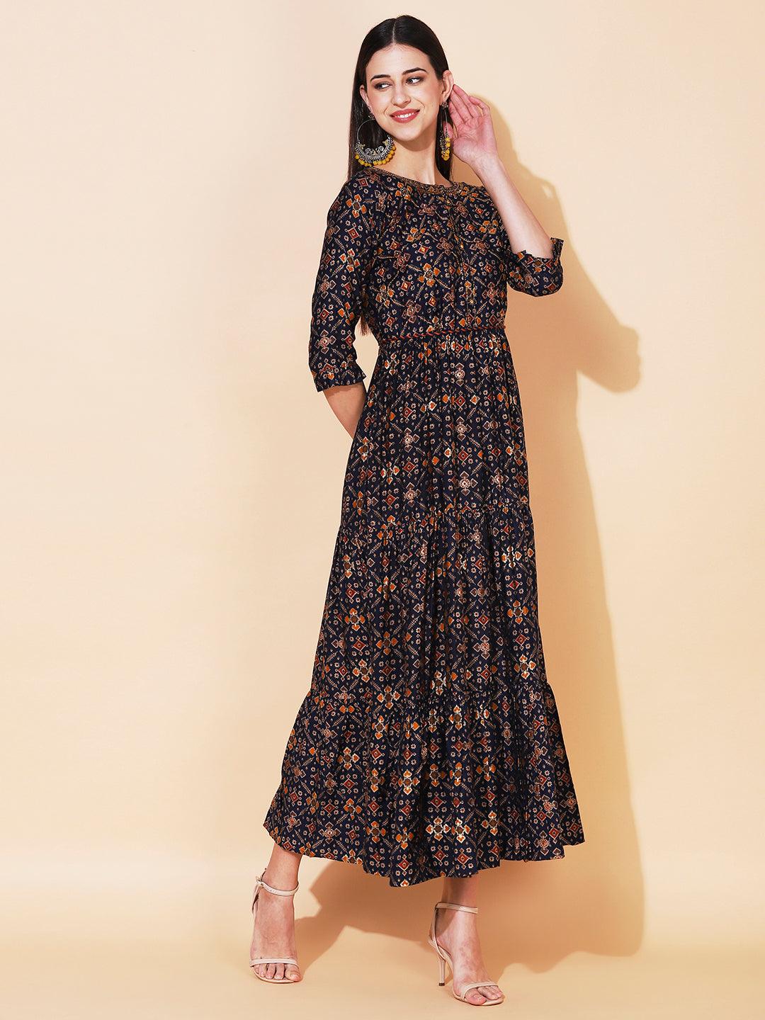 Ethnic Printed & Embroidered Tiered Flared Maxi Dress - Navy Blue - Indiakreations