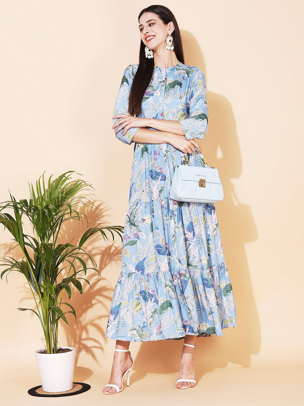 Floral Printed Tiered Flared Maxi Dress - Light Blue - Indiakreations