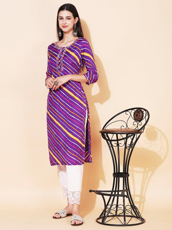 Leheriya Printed & Embroidered Straight Fit Kurta - Purple - Indiakreations