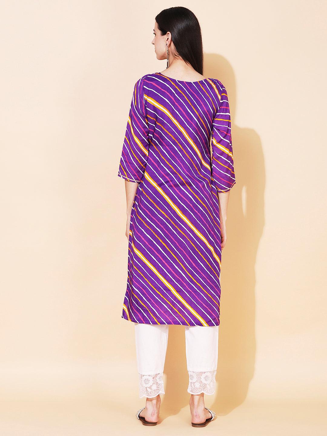 Leheriya Printed & Embroidered Straight Fit Kurta - Purple - Indiakreations