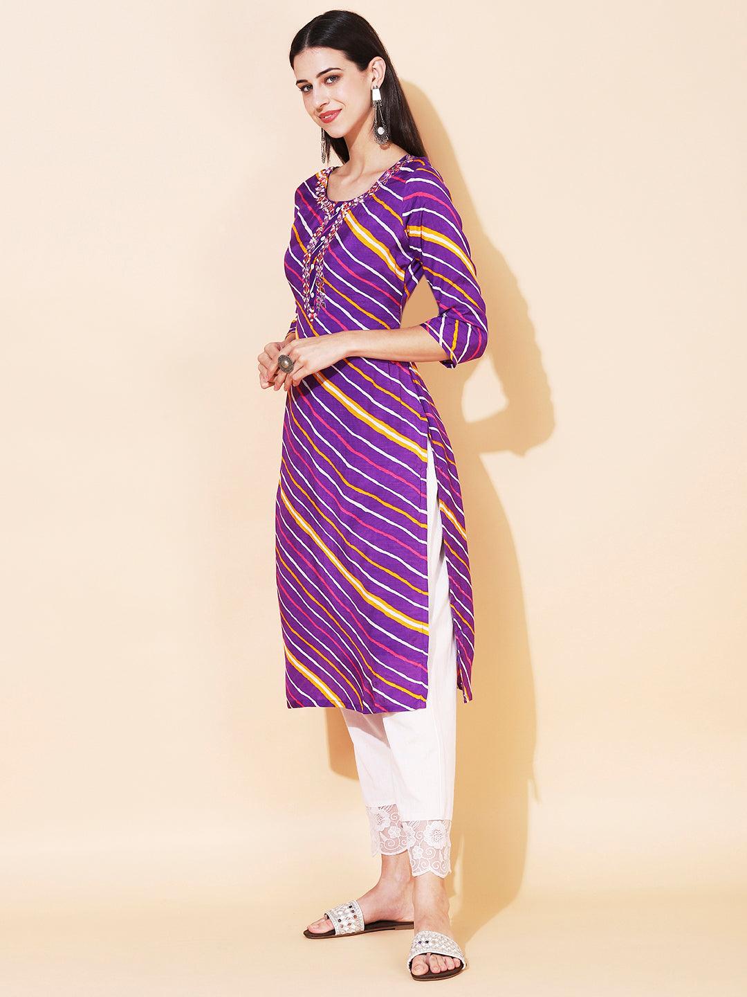 Leheriya Printed & Embroidered Straight Fit Kurta - Purple - Indiakreations