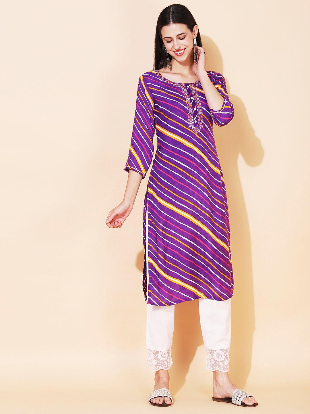 Leheriya Printed & Embroidered Straight Fit Kurta - Purple - Indiakreations