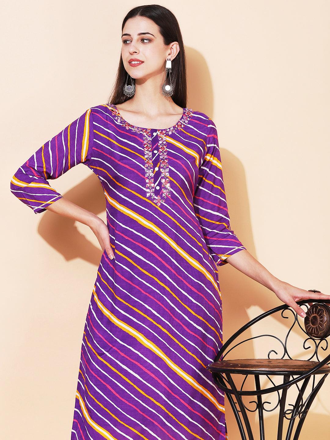 Leheriya Printed & Embroidered Straight Fit Kurta - Purple - Indiakreations