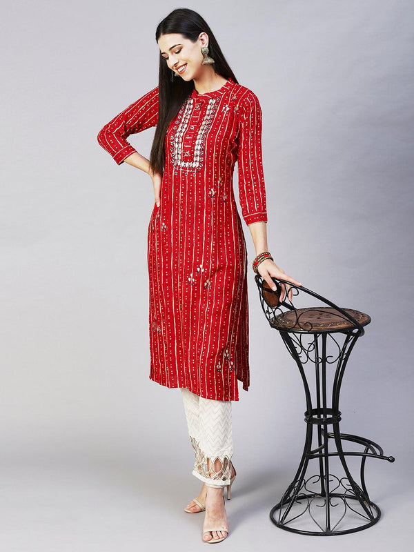 Ethnic Printed & Embroidered Straight Fit Kurta - Red - Indiakreations