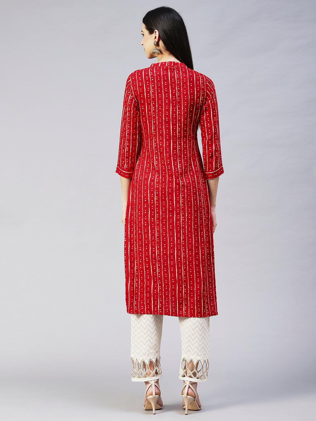 Ethnic Printed & Embroidered Straight Fit Kurta - Red - Indiakreations