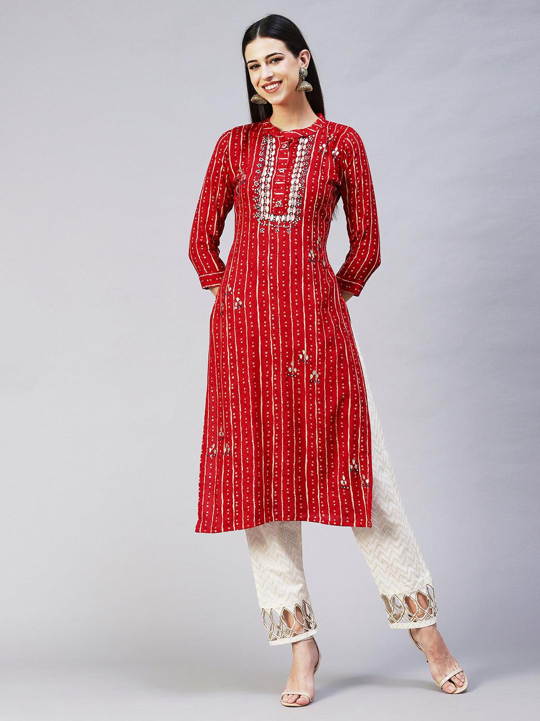 Ethnic Printed & Embroidered Straight Fit Kurta - Red - Indiakreations