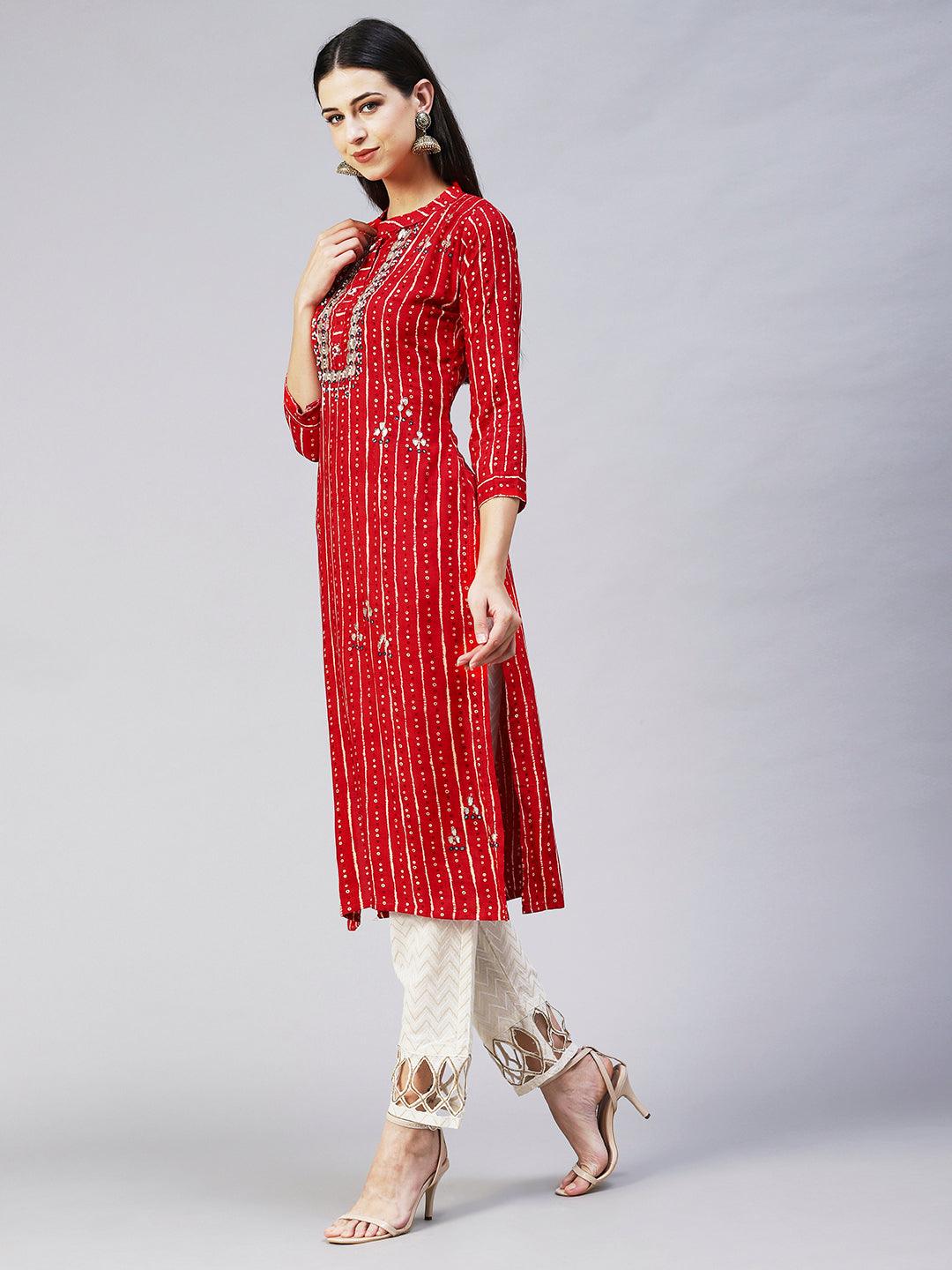 Ethnic Printed & Embroidered Straight Fit Kurta - Red - Indiakreations