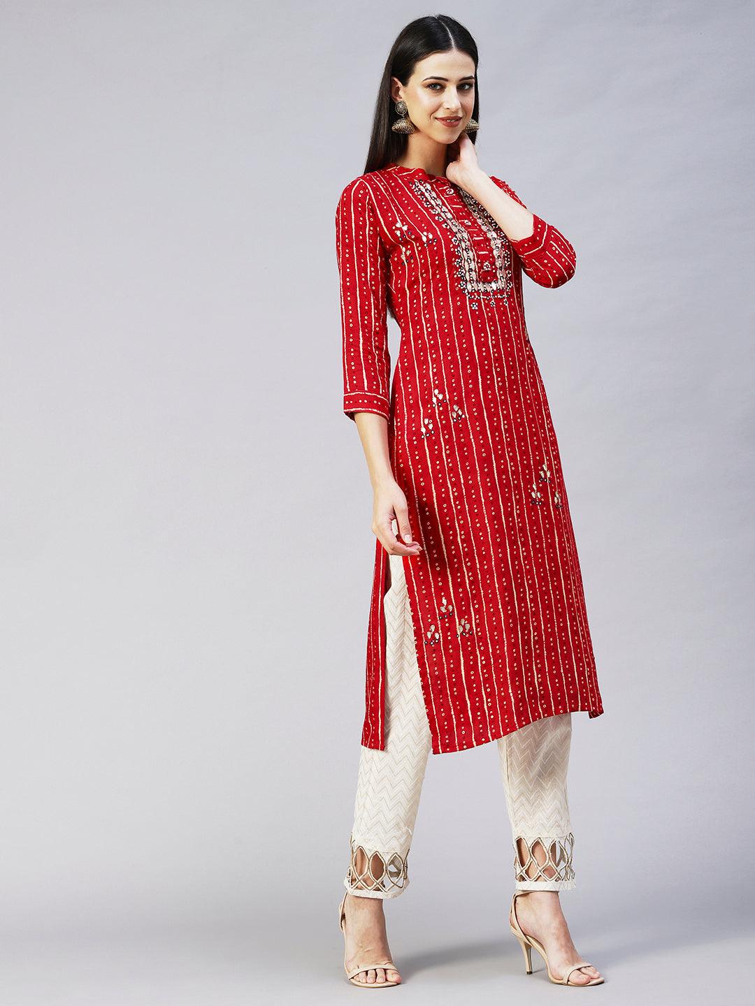 Ethnic Printed & Embroidered Straight Fit Kurta - Red - Indiakreations