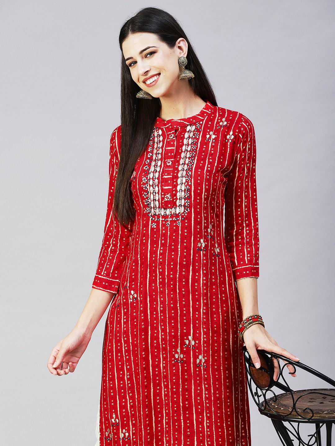 Ethnic Printed & Embroidered Straight Fit Kurta - Red - Indiakreations