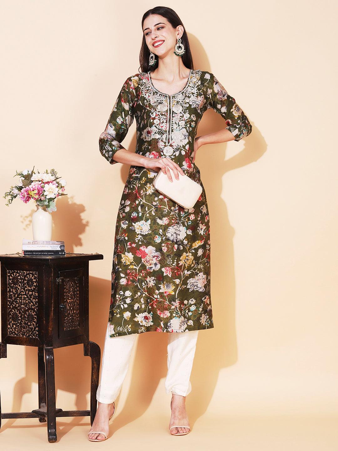 Floral Printed & Embroidered Straight Fit Kurta - Sap Green - Indiakreations