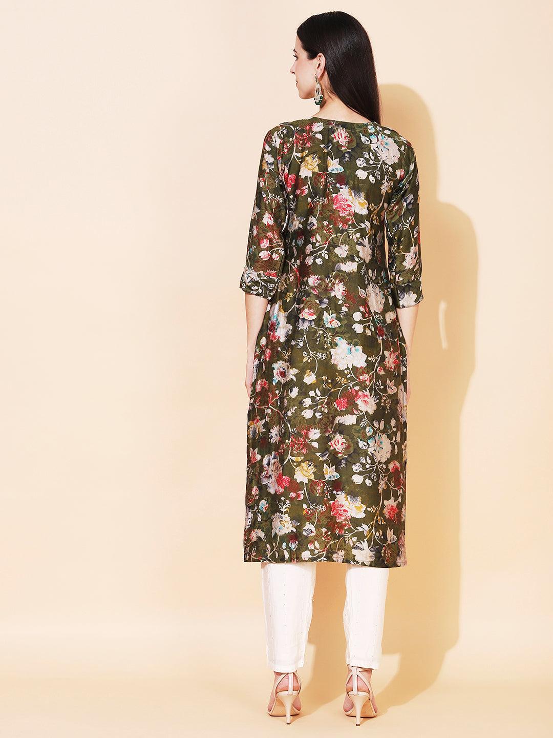 Floral Printed & Embroidered Straight Fit Kurta - Sap Green - Indiakreations