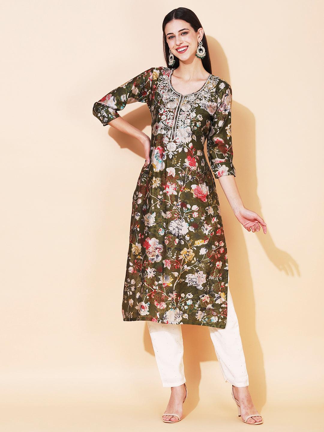 Floral Printed & Embroidered Straight Fit Kurta - Sap Green - Indiakreations