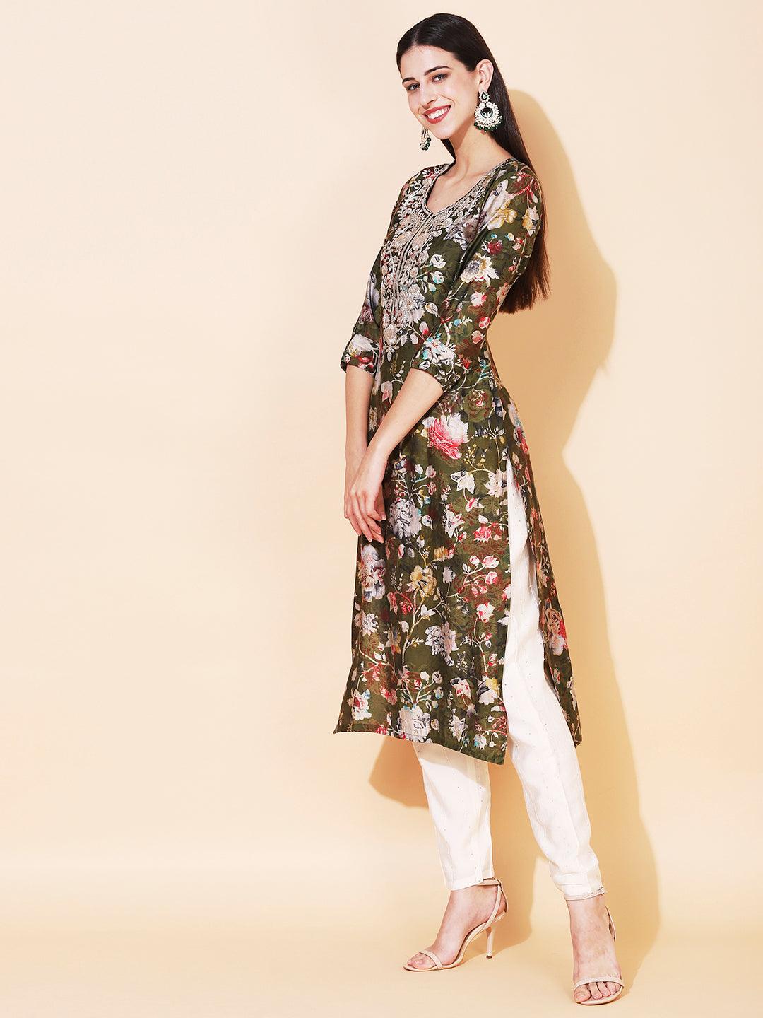 Floral Printed & Embroidered Straight Fit Kurta - Sap Green - Indiakreations